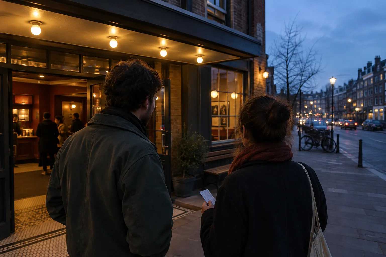 Deux voyageurs discutent à la sortie d’un cinéma dans une rue éclairée en soirée.