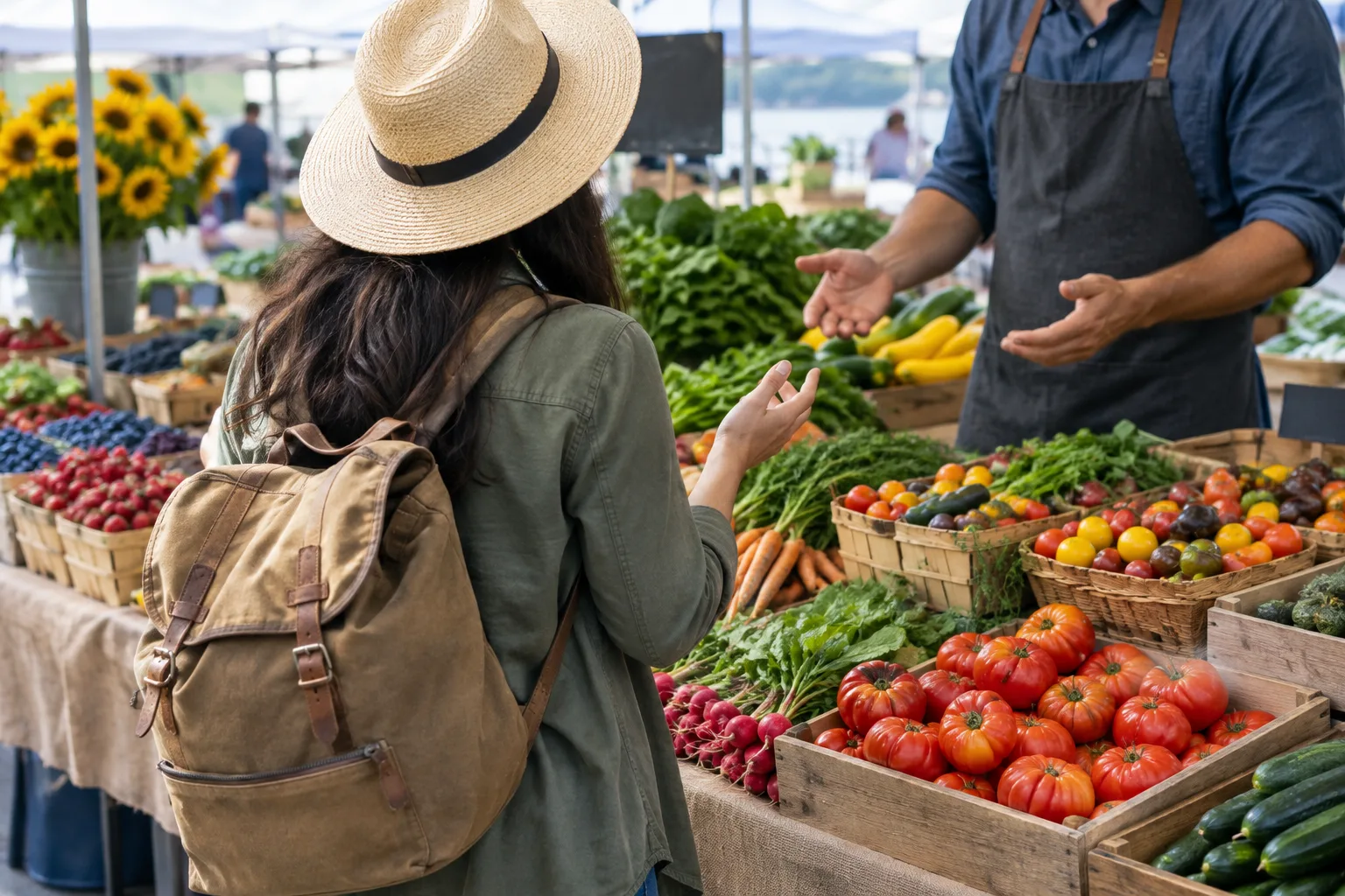 Un voyageur échange avec un vendeur devant un étal de fruits et de légumes.