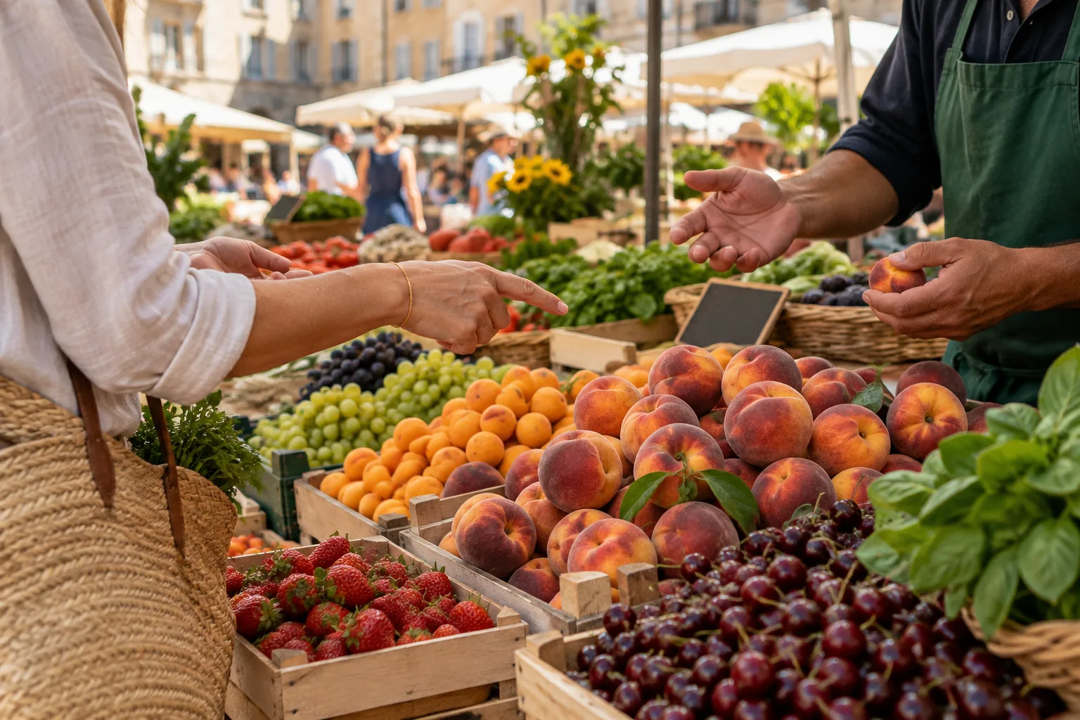 Au marché, un client désigne des fruits tandis qu’il échange avec la personne derrière l’étal.