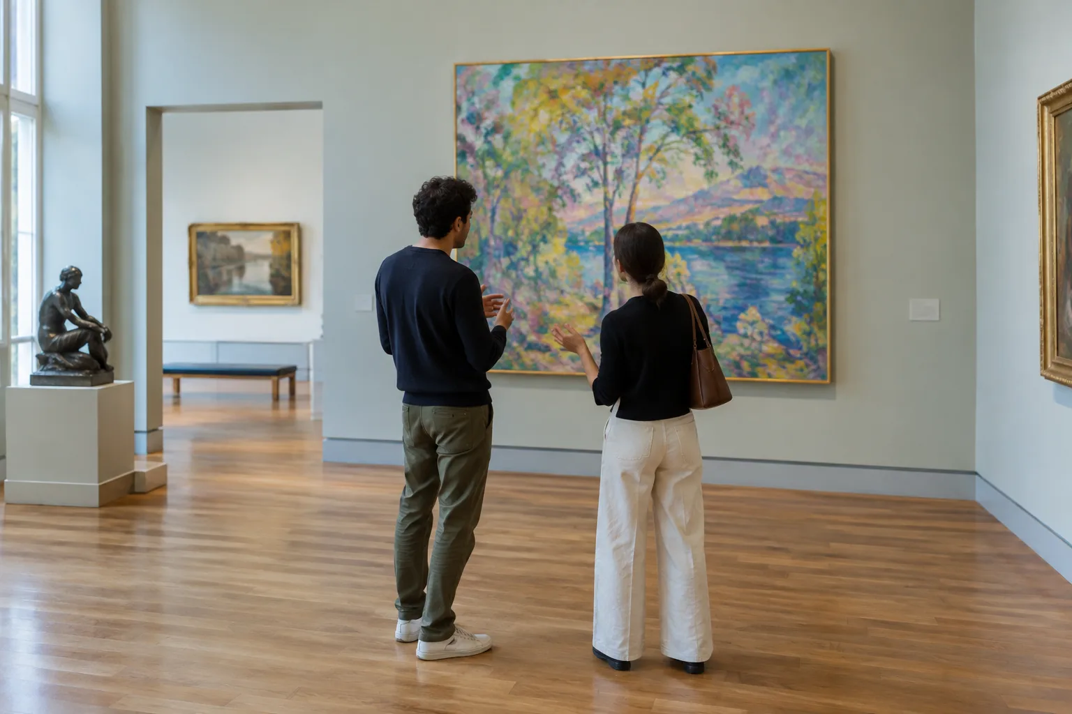 Deux personnes échangent devant un tableau dans une salle de musée.