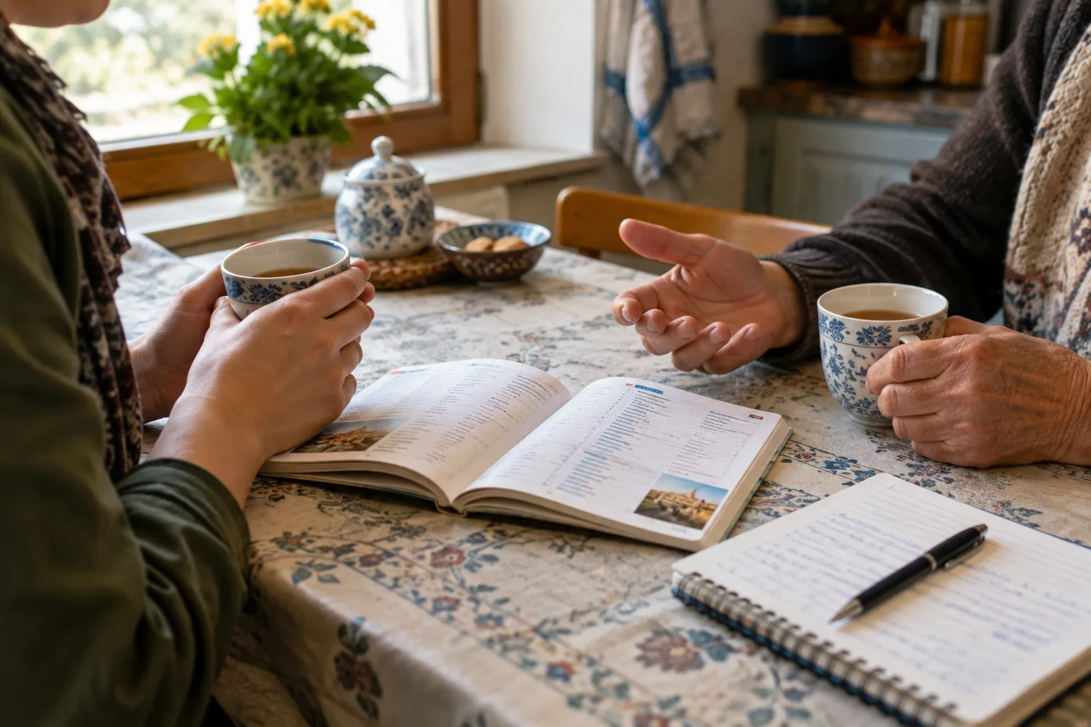 Un voyageur et son hôte échangent autour d’une table avec un carnet de vocabulaire ouvert.