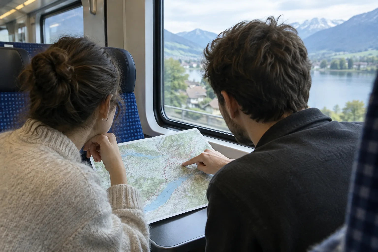 Deux voyageurs échangent quelques mots dans un train près d’une fenêtre.