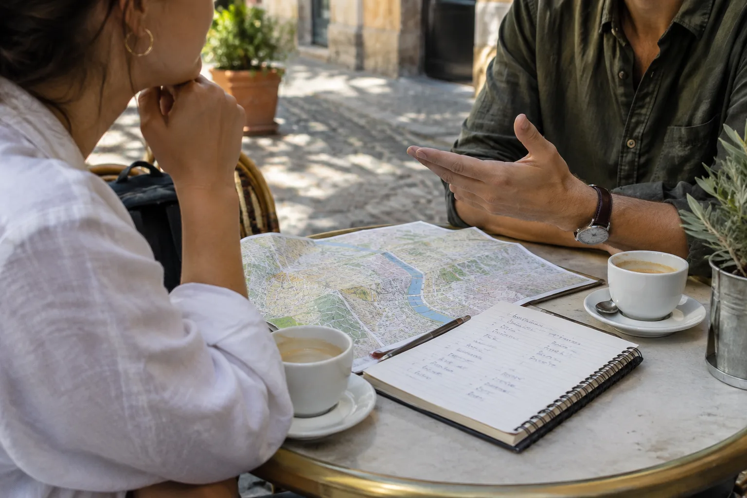 Deux voyageurs échangent autour d’une carte et de notes de langue dans un café.